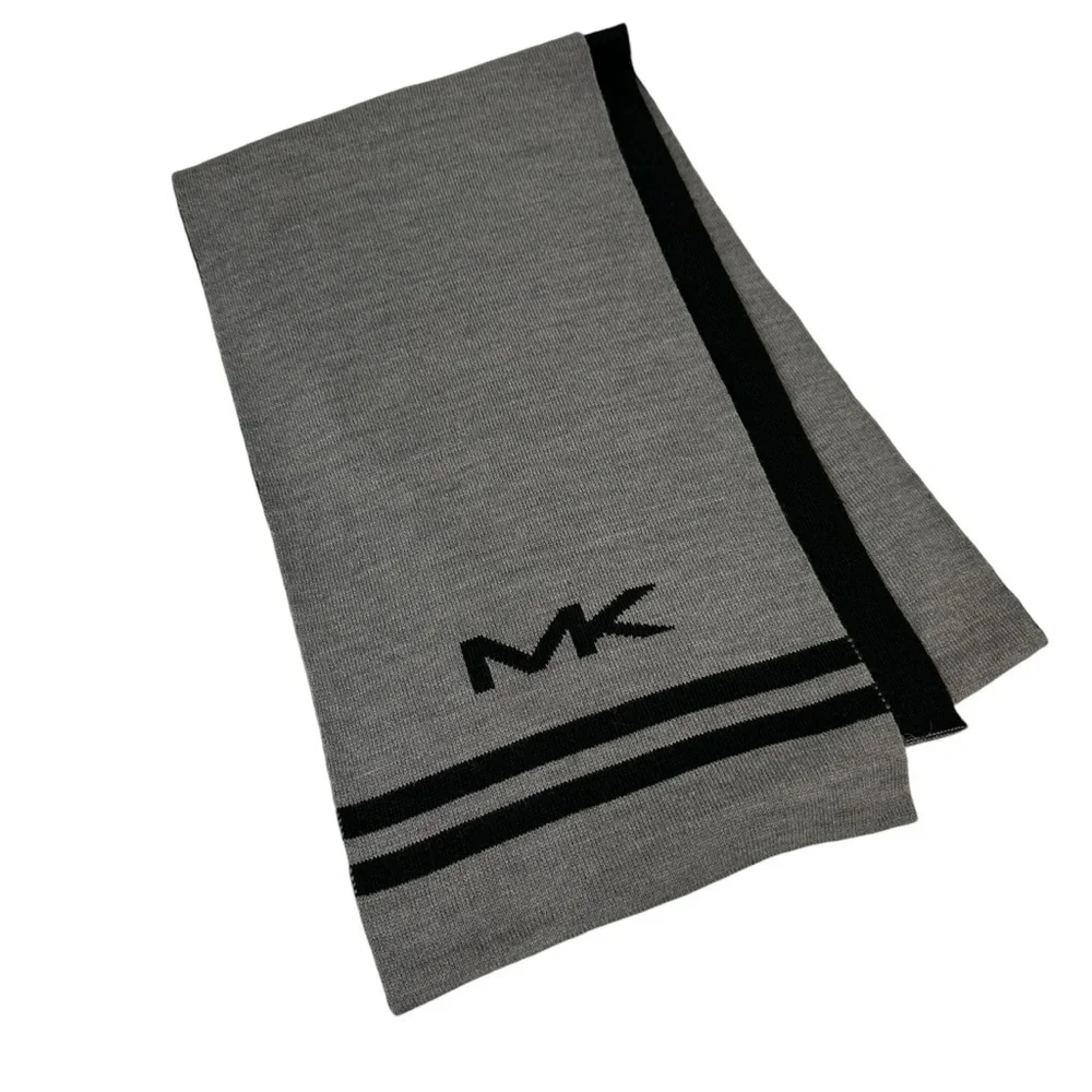 Michael Kors Big MK Bottom Stripe Knit Muffler Scarf, Gray with Black